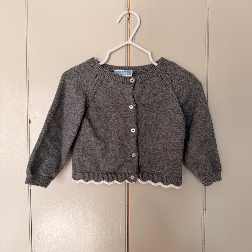 Worn once! Jacadi Gray Knit Baby Girl Cardigan with White Scallop Trim